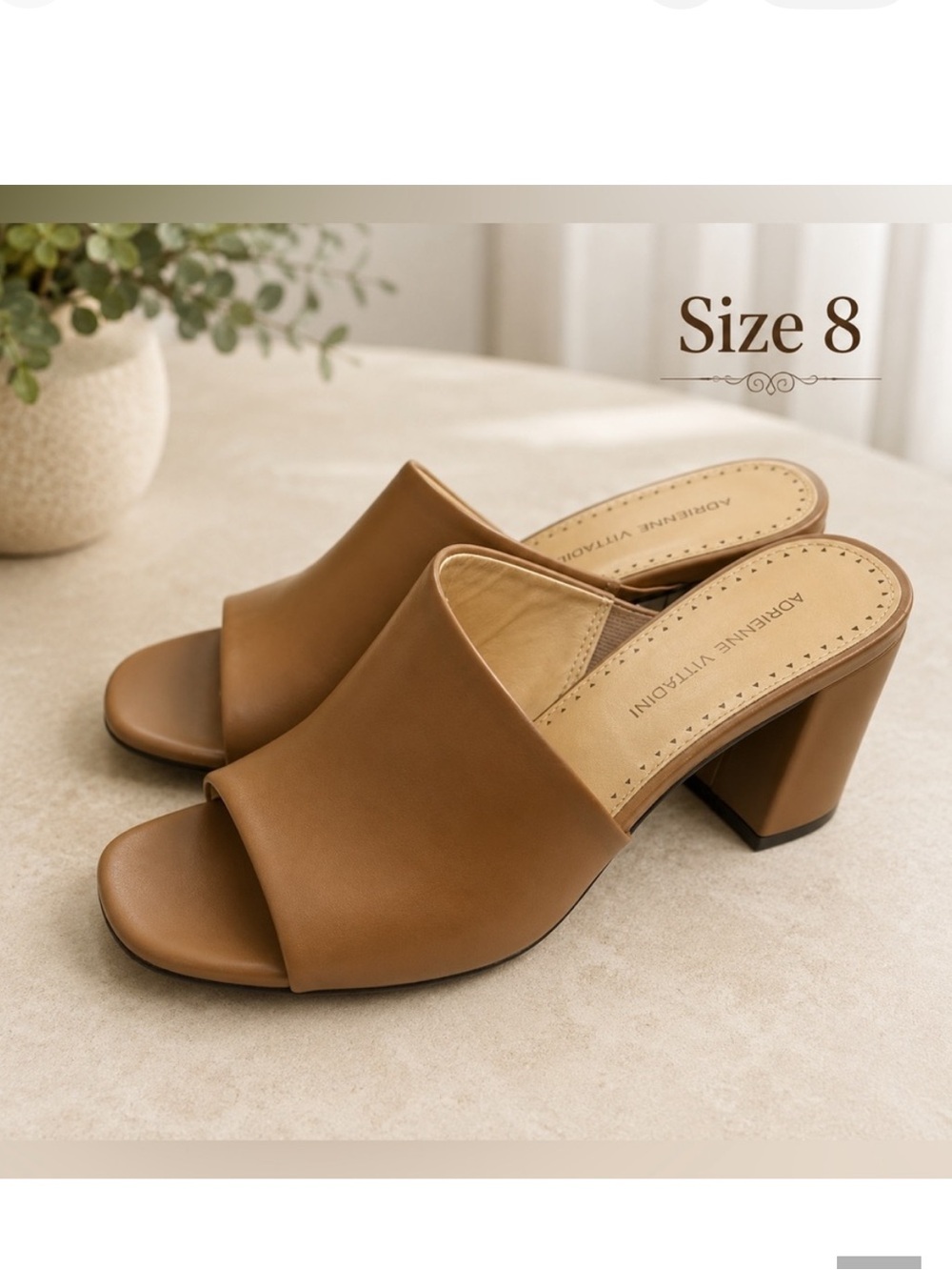 Adrienne Vittadini Tan Open-Toe Slip-On Block Heel Mules